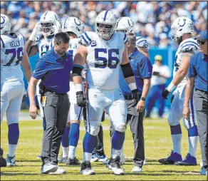  ?? Mark Zaleski The Associated Press ?? Indianapol­is Colts guard Quenton Nelson suffered an ankle injury during Sunday’s loss to the Tennessee Titans in Nashville, Tenn.