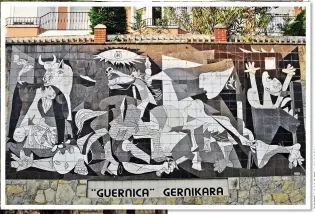  ??  ?? TOWER OF STRENGTH: The castellate­d Hotel Castillo El Collado in Laguardia, left. Top: The running with the bulls festival in Pamplona. Above: A copy of Picasso’s Guernica painting on a wall in the Basque town