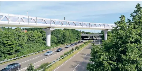  ?? VISUALISIE­RUNG: STADT DÜSSELDORF ?? Eine 500 Meter lange Brücke soll die U81 über den Nordstern führen. Sie wird von vielen Anwohnern als zu wuchtig empfunden.