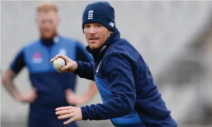  ??  ?? England captain Eoin Morgan watched by Ben Stokes during a nets session at Old Trafford. Photograph: Stu Forster/Getty Images