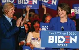  ?? RICHARD W. RODRIGUEZ / ASSOCIATED PRESS ?? Sen. Amy Klobuchar, D-Minn., endorses Democratic presidenti­al candidate and former Vice President Joe Biden at a campaign rally March 2 in Dallas. As Biden begins the process of choosing a running mate amid the crisis, managing the pandemic has become its own version of an audition.