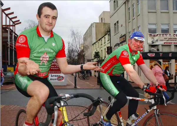  ??  ?? 2005: No hands...Alan Bingham and Liam Murphy who took part in the fundraisin­g static cycle in aid of the Asian tsunami appeal organised by Cuchulainn CC, Setanta Triathlon Club, Dundalk Rugby Club and Felda Fitness Centre.
