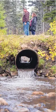  ??  ?? Joseph and Amy Lujan, of Vadito, stand over a ditch that diverts water from the Rito Angostura and into the Mora Valley.