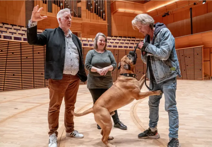  ?? JARLE AASLAND ?? Produsent Jarle Bjørknes, cellist Liv Opdal fra SSO og skuespille­r Kristoffer Joner i samtale i Fartein Valen-salen i Stavanger konserthus, der filmens musikk ble spilt inn.