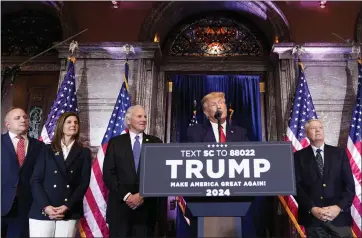  ?? ALEX BRANDON — THE ASSOCIATED PRESS ?? Former President Donald Trump speaks Saturday in Columbia, S.C. From left are Rep. Russell Fry, R-S.C.; South Carolina Lt. Gov. Pamela Evette; South Carolina Gov. Henry McMaster; Trump; and Sen. Lindsey Graham, R-S.C.