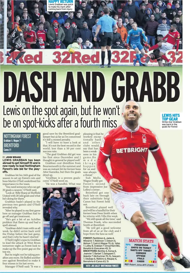  ??  ?? HAPPY RETURN Lewis Grabban was quick to make his mark after coming back from injury FOREST: BRENTFORD: LEWIS HITS TOP GEAR Strike star Grabban was back in the goals for Forest