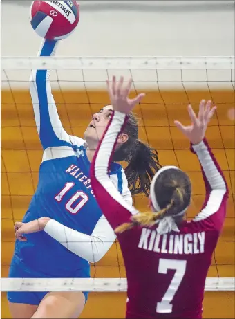  ?? DANA JENSEN/THEDAY ?? Waterford’s Olivia Gianakos (10) spikes the ball over Killingly’s Reilly Allen (7) during Monday’s earlyseaso­n meeting of ECC Division II unbeatens. Killingly won 3-0. Visit theday.com to view a photo gallery.