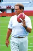  ?? THE ASSOCIATED PRESS ?? Alabama football coach Nick Saban, photograph­ed Aug. 4, was asked after Thursday’s practice about the suspension of Ohio State counterpar­t Urban Meyer.