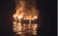  ?? Santa Barbara County Fire Department / Via AP ?? A Sept. 2, 2019, photo provided by the Santa Barbara County Fire Department shows the dive boat Conception engulfed in flames after a deadly fire broke out off the Southern California coast.