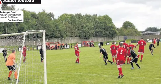  ??  ?? On target
Scott McKean scores his fine free-kick for Thistle Pics: Karen M Scott