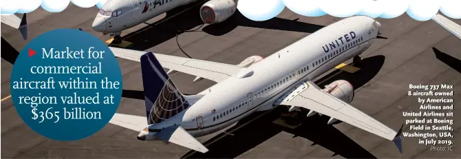  ?? Photo: IC ?? Boeing 737 Max 8 aircraft owned by American Airlines and United Airlines sit parked at Boeing Field in Seattle, Washington, USA, in July 2019.