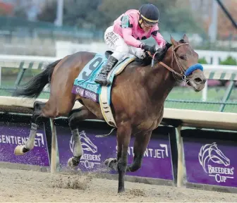  ?? DARRON CUMMINGS, THE ASSOCIATED PRESS ?? Joel Rosario rides Game Winner to victory in the Breeders’ Cup Juvenile race at Churchill Downs on Friday in Louisville, Kentucky.