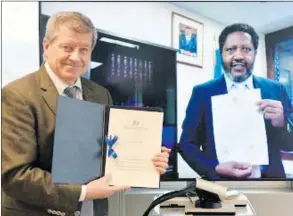  ?? Photo: Contribute­d ?? Virtual deposit… Namibia’s former Permanent Representa­tive to Switzerlan­d and United Nations Office at Geneva, Penda Naanda and Director General of the ILO Guy Ryder during the virtual deposit of the two convention­s.