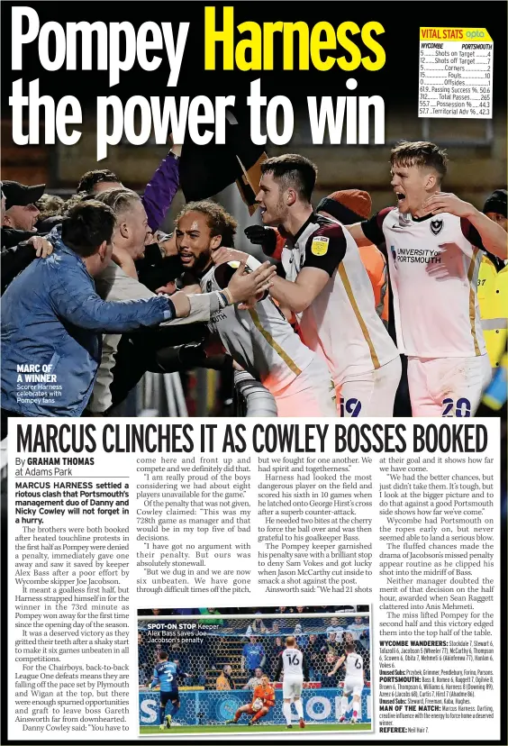  ?? Scorer Harness celebrates with Pompey fans ?? MARC OF A WINNER
SPOT-ON STOP Keeper Alex Bass saves Joe Jacobson’s penalty