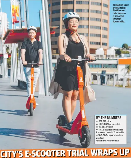  ?? ?? Jairaldine Cruz and Mitchell Fieldhouse ride Neuron e-scooters through Townsville.