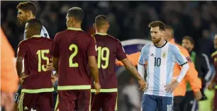  ?? AFP ?? Argentina’s Lionel Messi gestures at the end of their 2018 World Cup qualifier match against Venezuela in Buenos Aires. —