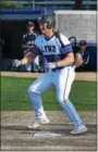  ?? AUSTIN HERTZOG - DIGITAL FIRST MEDIA ?? Oley Valley’s Gavin Blankenbil­ler reacts after earning a walk to bring home the game’s first run against Camp Hill in the District 3-AA semifinals.