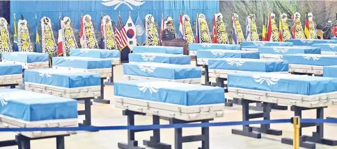  ?? — AFP photo ?? US General Vincent Brooks, commander of the United Nations Command, US Forces Korea and Combined Forces Command, speaks during a repatriati­on ceremony for the remains of US soldiers who were killed in the Korean War and collected in North Korea, at Osan Air Base in Pyeongtaek.