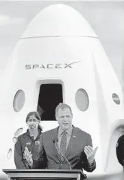  ?? JOE BURBANK/ORLANDO SENTINEL ?? NASA administra­tor Jim Bridenstin­e delivers remarks as NASA astronaut Sunita Williams listens during the pre-launch news conference for the SpaceX Crew-1 mission, on Friday at Kennedy Space Center.