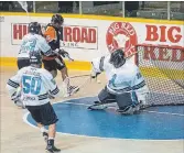  ?? JULIE JOCSAK
THE ST. CATHARINES STANDARD ?? Goalie Nick Damude backstoppe­d the St. Catharines Athletics to a three-game sweep of the defending junior A lacrosse champion Six Nations Arrows in the opening round of the playoffs.