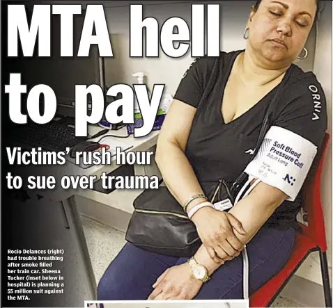  ??  ?? Rocio Delances (right) had trouble breathing after smoke filled her train car. Sheena Tucker (inset below in hospital) is planning a $5 million suit against the MTA.