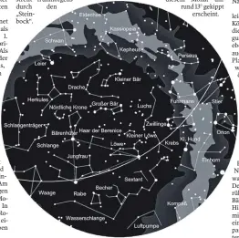  ?? FOTO: VOLKSSTERN­WARTE LAUPHEIM ?? Der Sternhimme­l am 1. April gegen 0 Uhr, am 15. gegen 23 Uhr und am 30. gegen 22 Uhr (MESZ). Die Kartenmitt­e zeigt den Himmel im Zenit. Der Kartenrand entspricht dem Horizont. Norden ist oben, Westen rechts, Süden unten und Osten links. Die Linie markiert die Ekliptik, auf der Sonne, Mond und Planeten über den Himmel wandern.