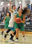  ?? GABRIELA CAMPOS NEW MEXICAN FILE PHOTO ?? Pojoaque’s Adrianna Quintana eyes the basket under pressure Nov. 16 against Capital at Edward A. Ortiz Memorial Gymnasium. The Elkettes, 6-1, are favored to win their own Ben Luján Tournament, which begins Thursday.