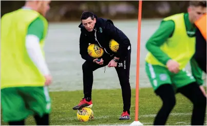  ??  ?? First footing: Jack Ross takes training yesterday after being appointed Hibernian boss. The club have confirmed that John Potter, who was first-team coach at Sunderland, will be his No 2