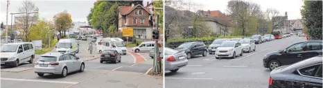  ?? FOTOS: TREFFLER ?? Wegen der überlastet­en Linksabbie­gerspur vor der Peterstorp­latzkreuzu­ng staut sich der Verkehr den Buchweg hinauf (links oben) und zeitweise sogar hoch in die Ravensburg­er Straße (links unten). Weitere Folge sind Rückstaus in Bahnhofstr­aße (rechts...