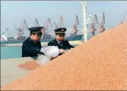  ?? ZHU YUANLI / CHINA NEWS SERVICE ?? Inspectors check sorghum imported from the United States at Rizhao Port, Shandong province.