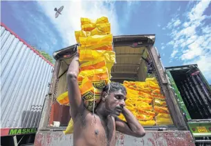  ?? AFP ?? A labourer unloads sacks of rice from a truck at a market in Colombo on Monday.