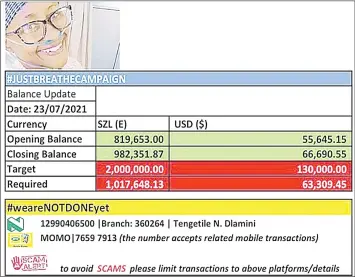  ??  ?? By Friday, Nompilo was almost E20 000 short to reaching the E1 million target needed for her lung transplant. She reached it yesterday and will be in India in a week’s time.