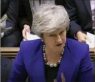  ?? ASSOCIATED PRESS ?? In this grab taken from video, Britain’s Prime Minister Theresa May speaks during Prime Minister’s Questions in the House of Commons, London, Wednesday, Jan. 30, 2019.