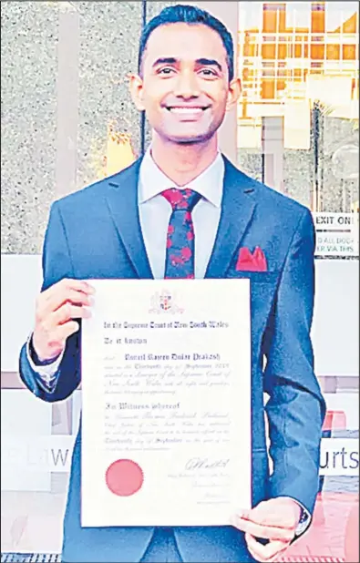  ?? Picture: SUPPLIED ?? Roneil Prakash after being admitted as a lawyer at the Supreme Court of New South Wales in Australia.