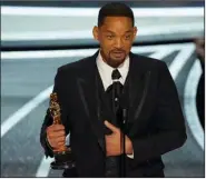  ?? (AP/Chris Pizzello) ?? Will Smith cries as he accepts the award for best performanc­e by an actor in a leading role for “King Richard” at the Oscars on Sunday at the Dolby Theatre in Los Angeles.