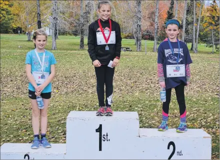  ??  ?? The winners from the pre-novice girls run take their spots on the podium after the Prince Edward Island School Athletic Associatio­n provincial cross-country championsh­ip Saturday. From left are Gaby Noye, Ellerslie Elementary; Mia Gallant, Ecole Francois Buote and Lucy Fraser, Donagh, who finished third, first and second, respective­ly.