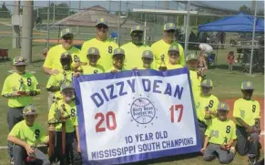  ?? (Photo by Robbie Faulk, SDN) ?? Starkville's Dizzy Dean South State champions will host the Overall State Tournament at McKee Park on Saturday. The members of the team are Samuel Buckner, in alphabetic­al order, Jonas Coleman, Walker Hilbun, Luke Johnson, Bailey Kosko, Conner Lewis,...