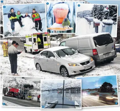  ?? PHOTOS: GUY WILLIAMS, TRACEY ROXBURGH & SIMON HENDERSON ?? 1. Crash on ice . . . One person was taken to Lakes District Hospital with minor injuries after a threevehic­le crash on Stalker Rd, Shotover Country, yesterday morning. 2. Making snow boulders in McBride Park, Lake Hayes Estate, yesterday are (from...