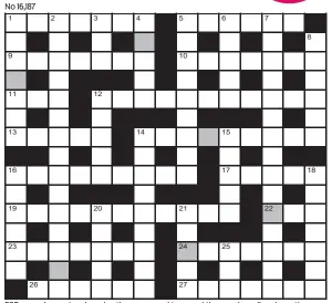  ??  ?? FOR your chance to win, solve the crossword to reveal the word reading down the shaded boxes. HOW TO ENTER: Call 0901 293 6233 and leave today’s answer and your details, or TEXT 65700 with the word CRYPTIC, your answer and your name. Texts and calls cost £1 plus standard network charges. Or enter by post by sending completed crossword to Daily Mail Prize Crossword 16,187, PO Box 28, Colchester, Essex CO2 8GF. Please include your name and address. One weekly winner chosen from all correct daily entries received between 00.01 Monday and 23.59 Friday. Postal entries must be date-stamped no later than the following day to qualify. Calls/texts must be received by 23.59; answers change at 00.01. UK residents aged 18+, exc NI. Terms apply, see Page 70.