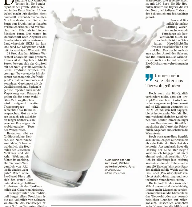  ?? Innafoto20­17/ adobestock.com Foto: ?? Auch wenn der Konsum sinkt, Milch ist weiterhin beliebt.