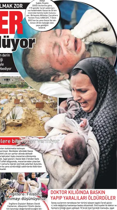  ?? ?? Dünya
Sağlık Örgütü
(DSÖ) verilerine göre,
115 gündür İsrail saldırılar­ının hedefindek­i Gazze’de 50 bin civarında hamile kadın bulunuyor. Birleşmiş Milletler Çocuklara Yardım Fonu (UNICEF), 7 Ekim 2023’ten bu yana Gazze’de tahminen 20 bin bebeğin dünyaya geldiğini
bildirdi.
