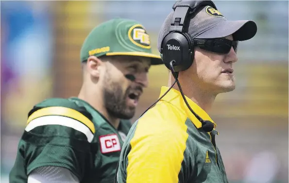  ?? GREG SOUTHAM ?? Eskimos quarterbac­k Mike Reilly, left, and head coach Jason Maas have the offence looking sharp in the pre-season.