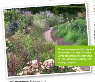  ??  ?? Flowers are repeated throughout the borders to create harmony. Coral-coloured achillea is used here to add horizontal interest among the spires