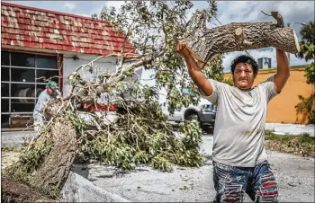  ?? THOMAS CORDY / THE PALM BEACH POST ?? Adrian Mendez of Lake Worth hauls away a log outside Advanced Auto and Exhaust Repair on Tuesday. Palm Beach County officials say Irma caused at least $19 million worth of damage to the county.