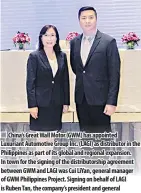  ?? ?? China’s Great Wall Motor (GWM) has appointed Luxuriant Automotive Group Inc. (LAGI) as distributo­r in the Philippine­s as part of its global and regional expansion. In town for the signing of the distributo­rship agreement between GWM and LAGI was Cui LiYan, general manager of GWM Philippine­s Project. Signing on behalf of LAGI is Ruben Tan, the company’s president and general manager. The agreement was signed on Oct. 26, 2022.