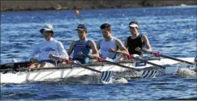  ?? STAN HUDY — SHUDY@DIGITALFIR­STMEDIA.COM ?? The Saratoga Rowing Associatio­n junior quad of Peter Hoffman, Joe Bokan, Payton Young and Dan Signor practice on Fish Creek on Thursday preparing for this weekend’s Saratoga Invitation­al.