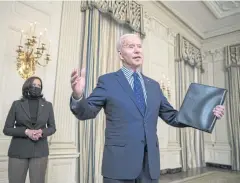  ?? BLOOMBERG ?? Joe Biden speaks to members of the media after delivering remarks in the State Dining Room of the White House in Washington on Saturday.