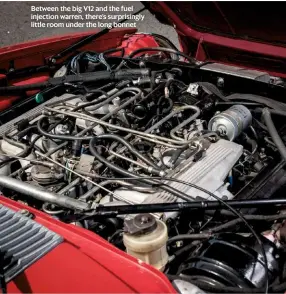  ??  ?? Between the big V12 and the fuel injection warren, there’s surprising­ly little room under the long bonnet