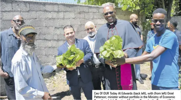  ?? (Photo: Jason Tulloch) ?? Ceo Of OUR Today Al Edwards (back left), with (from left) Oniel Patterson; minister without portfolio in the Ministry of Economic Growth and Job Creation, Matthew Samuda; the Reverend Peter Espeut; Archbishop of Kingston Kenneth Richards; and Omari Tucker; at the launch of an eco-village project in the Corporate Area community of Hannah Town last Friday