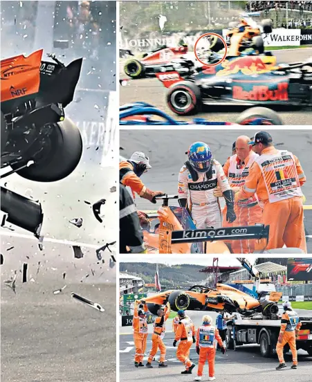  ??  ?? Close call: Fernando Alonso’s Mclaren careers over the top of the Sauber driven by Charles Leclerc, who escaped after his halo device bore the brunt of Alonso’s wheel (top right); marshals (above) check on the Spaniard before removing his car; Nico Hulkenberg (left) apologises to Alonso for the crash